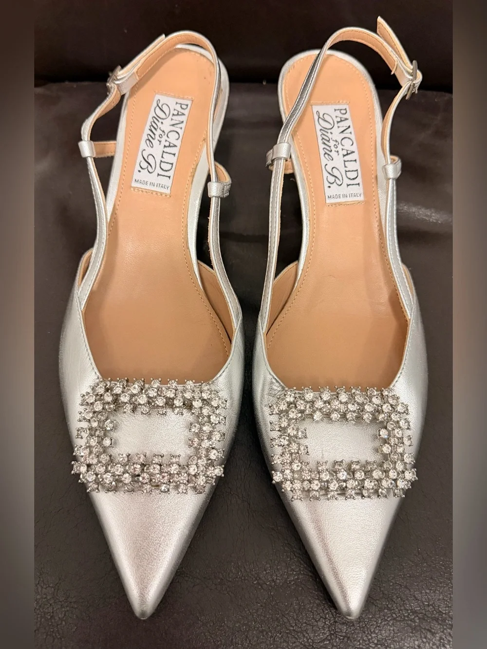 Pancaldi Diane S. Silver Pointed Slingback Heels with Crystal Buckle